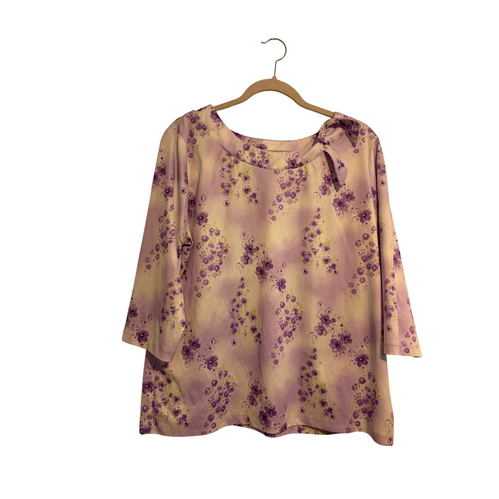 Haband Blouse Vintage 80s Cottagecore Purple Floral Bow Tie Neck XL‎